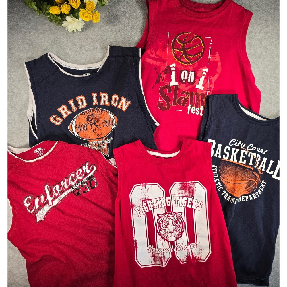 Y2K Athletic Works Boys Muscle Tee Lot 5 Red Navy Sports Graphic Size M-L‎ 10-14